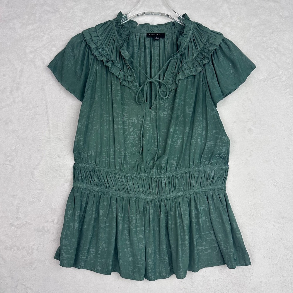 Current Air Sage Green Jacquard Ruffle Collar Smocked Peplum Blouse Medium